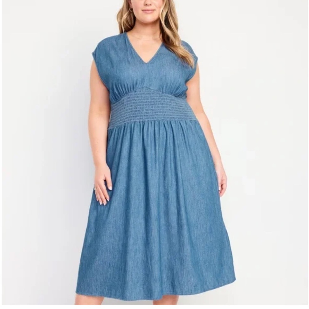 NWT OLD NAVY Waist-Defined Midi Dress Blue Wash Chambray XL Pockets